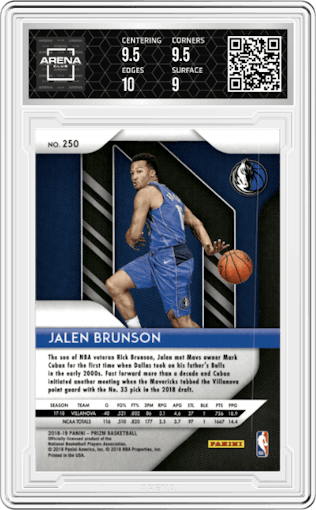 Jalen Brunson from the 2018-19 Panini Prizm set graded by Arena Club and given an overall grade of 9.5.