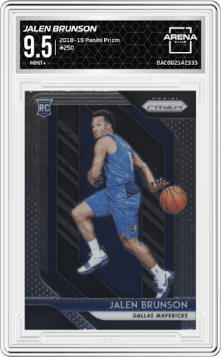 Jalen Brunson from the 2018-19 Panini Prizm set graded by Arena Club and given an overall grade of 9.5.