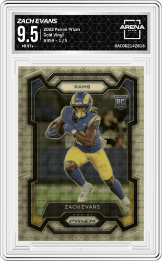 Zach Evans from the 2023 Panini Prizm set featuring a Gold Vinyl parallel graded by Arena Club and given an overall grade of 9.5.