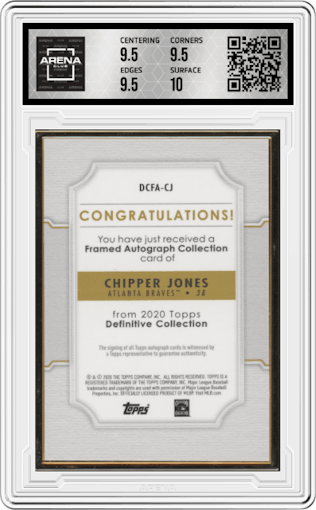 Chipper Jones from the 2020 Topps Definitive Collection set featuring a Purple parallel graded by Arena Club and given an overall grade of 10.