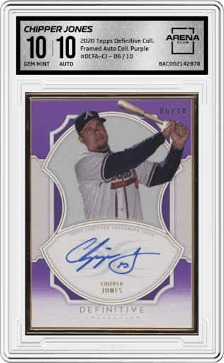 Chipper Jones from the 2020 Topps Definitive Collection set featuring a Purple parallel graded by Arena Club and given an overall grade of 10.