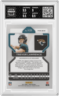 Trevor Lawrence from the 2021 Panini Prizm set featuring a Silver Prizm parallel graded by Arena Club and given an overall grade of 9.