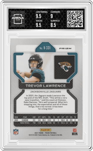 Trevor Lawrence from the 2021 Panini Prizm set featuring a Silver Prizm parallel graded by Arena Club and given an overall grade of 9.