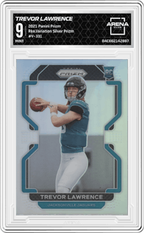 Trevor Lawrence from the 2021 Panini Prizm set featuring a Silver Prizm parallel graded by Arena Club and given an overall grade of 9.