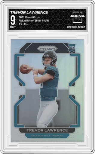 Trevor Lawrence from the 2021 Panini Prizm set featuring a Silver Prizm parallel graded by Arena Club and given an overall grade of 9.