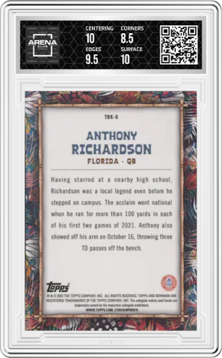 Anthony Richardson from the 2022 Bowman University Chrome set graded by Arena Club and given an overall grade of 9.