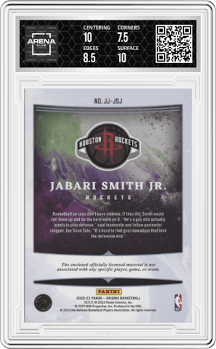 Jabari Smith Jr. from the 2022-23 Panini Origins set featuring a Green parallel graded by Arena Club and given an overall grade of 8.