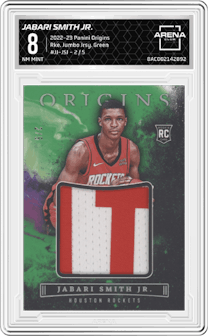 Jabari Smith Jr. from the 2022-23 Panini Origins set featuring a Green parallel graded by Arena Club and given an overall grade of 8.