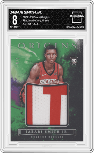Jabari Smith Jr. from the 2022-23 Panini Origins set featuring a Green parallel graded by Arena Club and given an overall grade of 8.