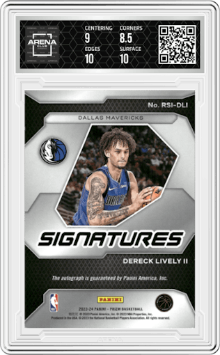 Dereck Lively II from the 2023-24 Panini Prizm set graded by Arena Club and given an overall grade of 9.