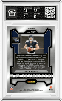Will Levis from the 2023 Panini Prizm set featuring a Red Sparkle Prizm parallel graded by Arena Club and given an overall grade of 9.