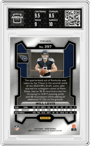 Will Levis from the 2023 Panini Prizm set featuring a Red Sparkle Prizm parallel graded by Arena Club and given an overall grade of 9.