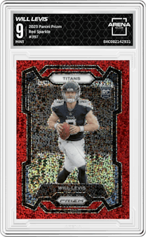 Will Levis from the 2023 Panini Prizm set featuring a Red Sparkle Prizm parallel graded by Arena Club and given an overall grade of 9.