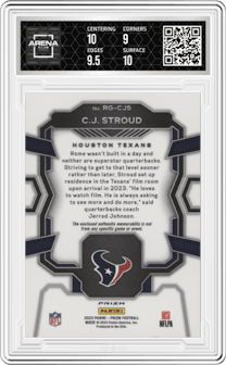 C.J. Stroud from the 2023 Panini Prizm set featuring a Neon Green Pulsar parallel graded by Arena Club and given an overall grade of 9.5.