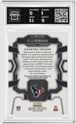 C.J. Stroud from the 2023 Panini Prizm set featuring a Neon Green Pulsar parallel graded by Arena Club and given an overall grade of 9.5.