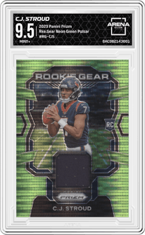C.J. Stroud from the 2023 Panini Prizm set featuring a Neon Green Pulsar parallel graded by Arena Club and given an overall grade of 9.5.