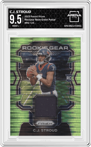 C.J. Stroud from the 2023 Panini Prizm set featuring a Neon Green Pulsar parallel graded by Arena Club and given an overall grade of 9.5.