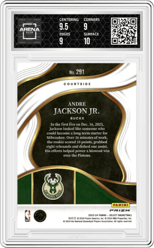 Andre Jackson Jr. from the 2023-24 Panini Select  set featuring a Zebra Prizm parallel graded by Arena Club and given an overall grade of 9.5.