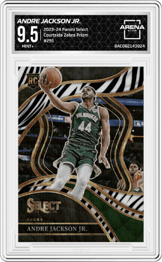 Andre Jackson Jr. from the 2023-24 Panini Select  set featuring a Zebra Prizm parallel graded by Arena Club and given an overall grade of 9.5.
