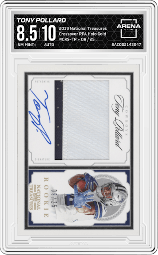 Tony Pollard from the 2019 Panini National Treasures set featuring a Holo Gold parallel graded by Arena Club and given an overall grade of 8.5.