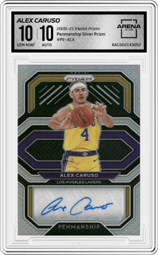Alex Caruso from the 2020-21 Panini Prizm set featuring a  Silver Prizm parallel graded by Arena Club and given an overall grade of 10.
