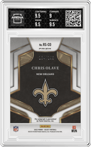 Chris Olave from the 2022 Panini Select set graded by Arena Club and given an overall grade of 9.5.