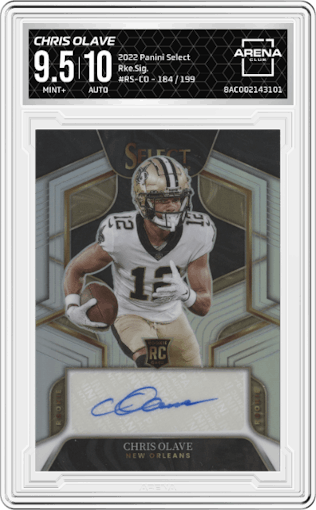 Chris Olave from the 2022 Panini Select set graded by Arena Club and given an overall grade of 9.5.