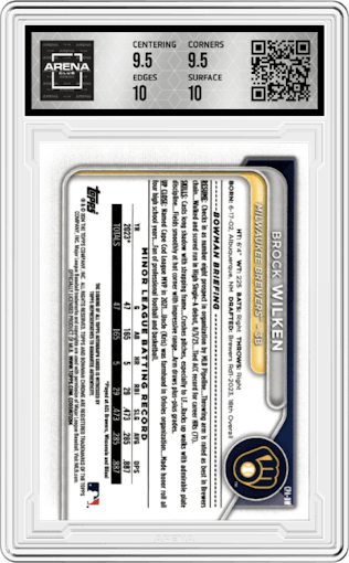 Brock Wilken from the 2024 Bowman set featuring a Mini-Diamond Refractor parallel graded by Arena Club and given an overall grade of 10.