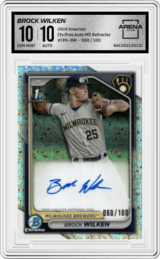 Brock Wilken from the 2024 Bowman set featuring a Mini-Diamond Refractor parallel graded by Arena Club and given an overall grade of 10.