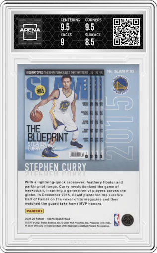 Stephen Curry from the 2021-22 Panini NBA Hoops set featuring a Holo parallel graded by Arena Club and given an overall grade of 9.