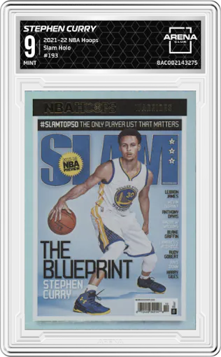 Stephen Curry from the 2021-22 Panini NBA Hoops set featuring a Holo parallel graded by Arena Club and given an overall grade of 9.