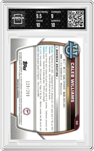 Caleb Williams from the 2022 Bowman University Chrome set featuring a Aqua Wave Refractor parallel graded by Arena Club and given an overall grade of 9.5.