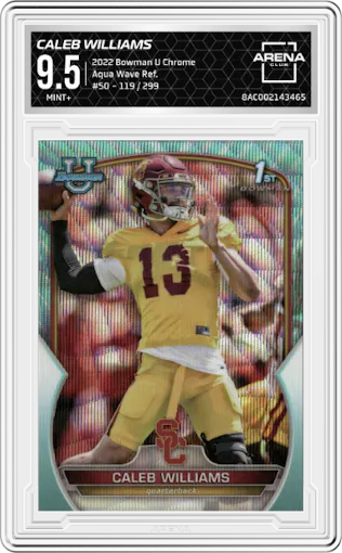 Caleb Williams from the 2022 Bowman University Chrome set featuring a Aqua Wave Refractor parallel graded by Arena Club and given an overall grade of 9.5.