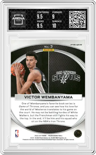 Victor Wembanyama from the 2023-24 Panini Prizm set featuring a Green Prizm parallel graded by Arena Club and given an overall grade of 9.5.