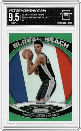 Victor Wembanyama from the 2023-24 Panini Prizm set featuring a Green Prizm parallel graded by Arena Club and given an overall grade of 9.5.