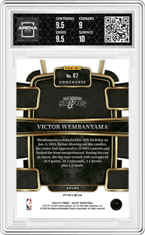 Victor Wembanyama from the 2023-24 Panini Select  set featuring a Blue Prizm parallel graded by Arena Club and given an overall grade of 9.5.
