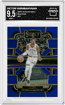 Victor Wembanyama from the 2023-24 Panini Select  set featuring a Blue Prizm parallel graded by Arena Club and given an overall grade of 9.5.