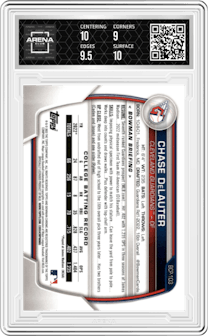 Chase DeLauter from the 2023 Bowman  set featuring a Gold Refractor parallel graded by Arena Club and given an overall grade of 9.5.