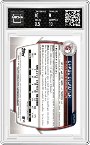 Chase DeLauter from the 2023 Bowman  set featuring a Gold Refractor parallel graded by Arena Club and given an overall grade of 9.5.