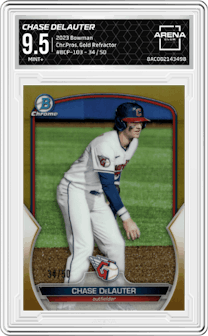 Chase DeLauter from the 2023 Bowman  set featuring a Gold Refractor parallel graded by Arena Club and given an overall grade of 9.5.