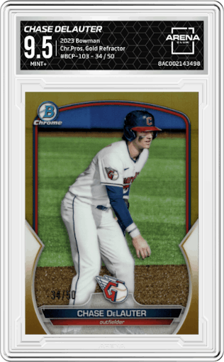 Chase DeLauter from the 2023 Bowman  set featuring a Gold Refractor parallel graded by Arena Club and given an overall grade of 9.5.