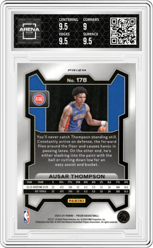 Ausar Thompson from the 2023-24 Panini Prizm set featuring a Silver Prizm  parallel graded by Arena Club and given an overall grade of 9.5.