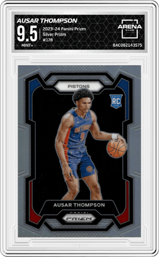 Ausar Thompson from the 2023-24 Panini Prizm set featuring a Silver Prizm  parallel graded by Arena Club and given an overall grade of 9.5.