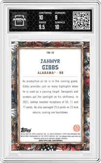 Jahmyr Gibbs from the 2022 Bowman University Chrome set graded by Arena Club and given an overall grade of 9.5.