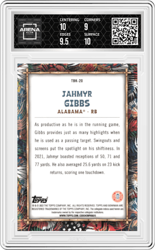 Jahmyr Gibbs from the 2022 Bowman University Chrome set graded by Arena Club and given an overall grade of 9.5.