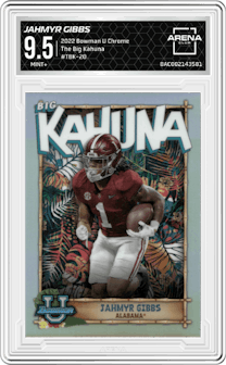 Jahmyr Gibbs from the 2022 Bowman University Chrome set graded by Arena Club and given an overall grade of 9.5.