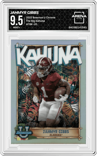 Jahmyr Gibbs from the 2022 Bowman University Chrome set graded by Arena Club and given an overall grade of 9.5.