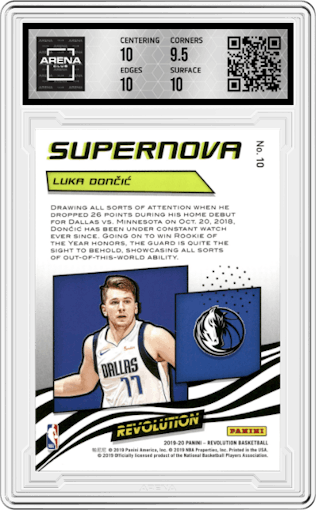 Luka Doncic from the 2019-20 Panini Revolution set graded by Arena Club and given an overall grade of 10.
