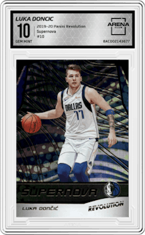 Luka Doncic from the 2019-20 Panini Revolution set graded by Arena Club and given an overall grade of 10.