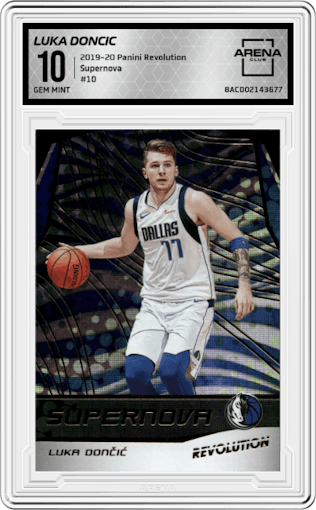 Luka Doncic from the 2019-20 Panini Revolution set graded by Arena Club and given an overall grade of 10.